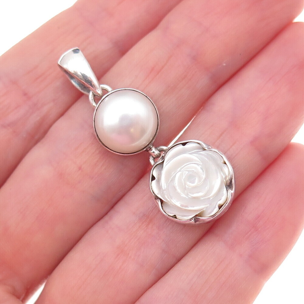 925 Sterling Silver Real Pearl & MOP Rose Carved Floral Charm Pendant